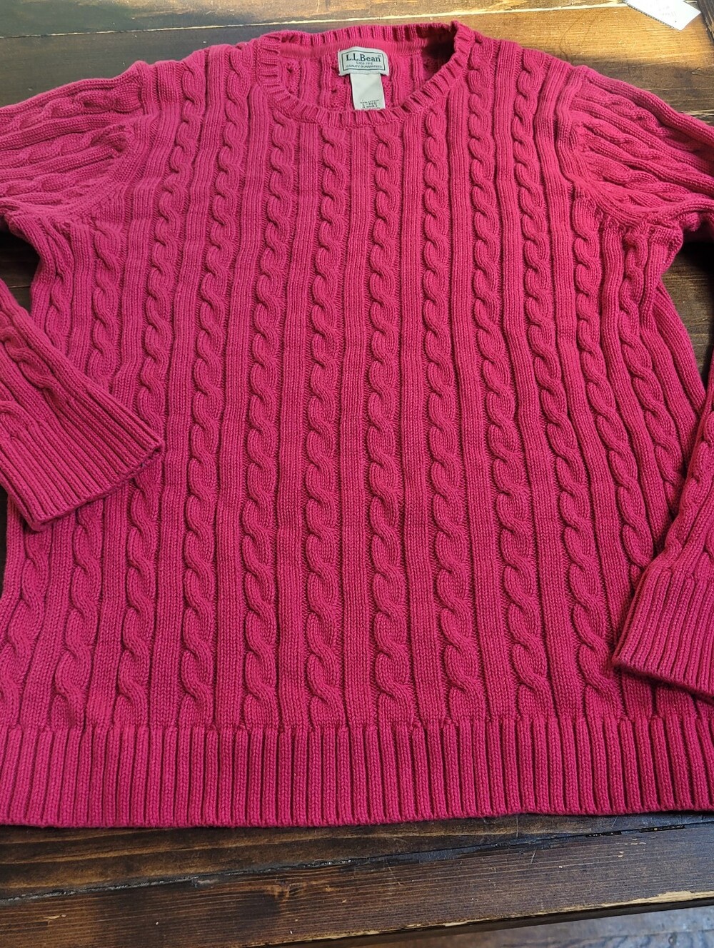 Pink Cable Knit Sweater Crewneck LL Bean Magenta Fuschia Large 100% Cotton